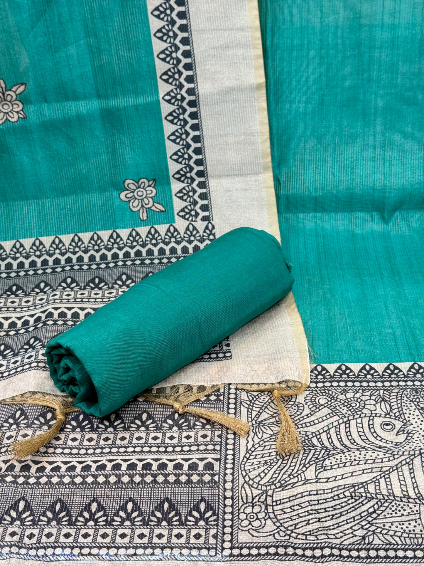 Teal Green Silk Digital Printed Unstitched Suit with Madhubani Art Dupatta | Designer Ethnic Suit