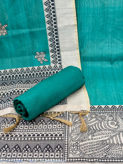 Teal Green Silk Digital Printed Unstitched Suit with Madhubani Art Dupatta | Designer Ethnic Suit