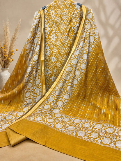 Premium Maheshwari Silk Suit in Mustard Yellow with Ikat Print & Floral Dupatta | Designer Ethnic Wear