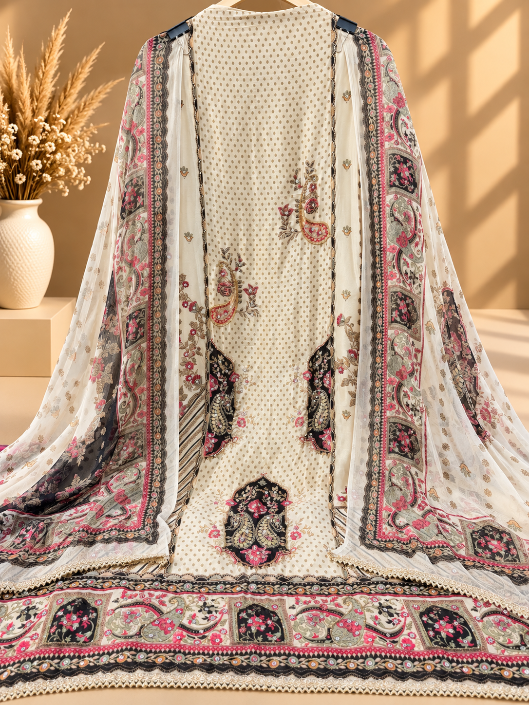 Off White Digital Printed Unstitched Suit with Designer Floral & Paisley Dupatta | Premium Ethnic Suit Set