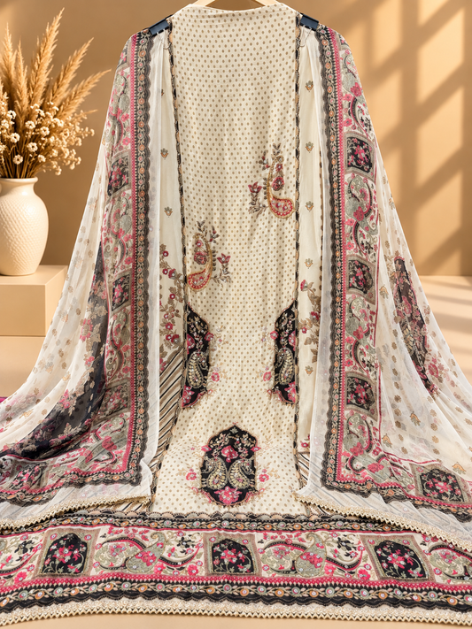 Off White Digital Printed Unstitched Suit with Designer Floral & Paisley Dupatta | Premium Ethnic Suit Set