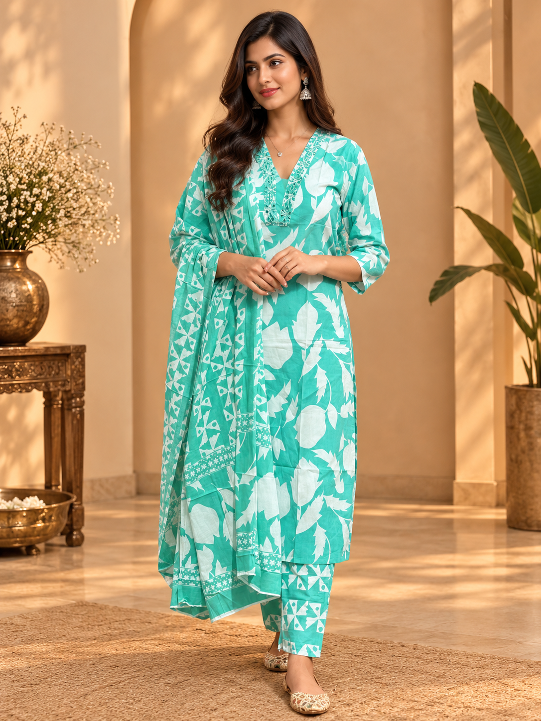 Turquoise Printed Readymade Cotton Suit Set for Women | Floral Kurta with Dupatta