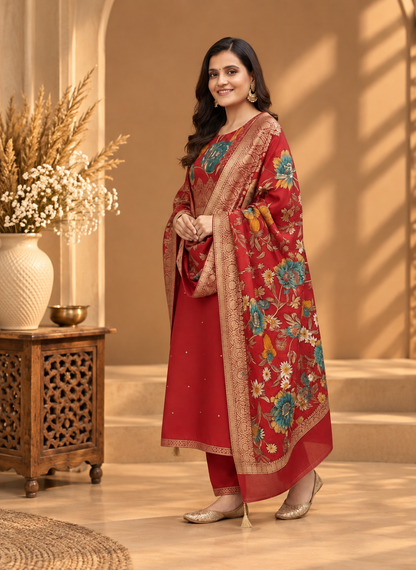 Red Modal Silk Floral Printed Unstitched Suit for Women | Designer Ethnic Wear