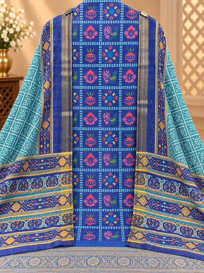 Premium Silk Blend Suit with Multicolor Ethnic Print & Designer Border | Elegant Silk Blend Suit for Women