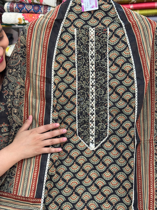 Pure Cotton Suit set with Embroidered Neck