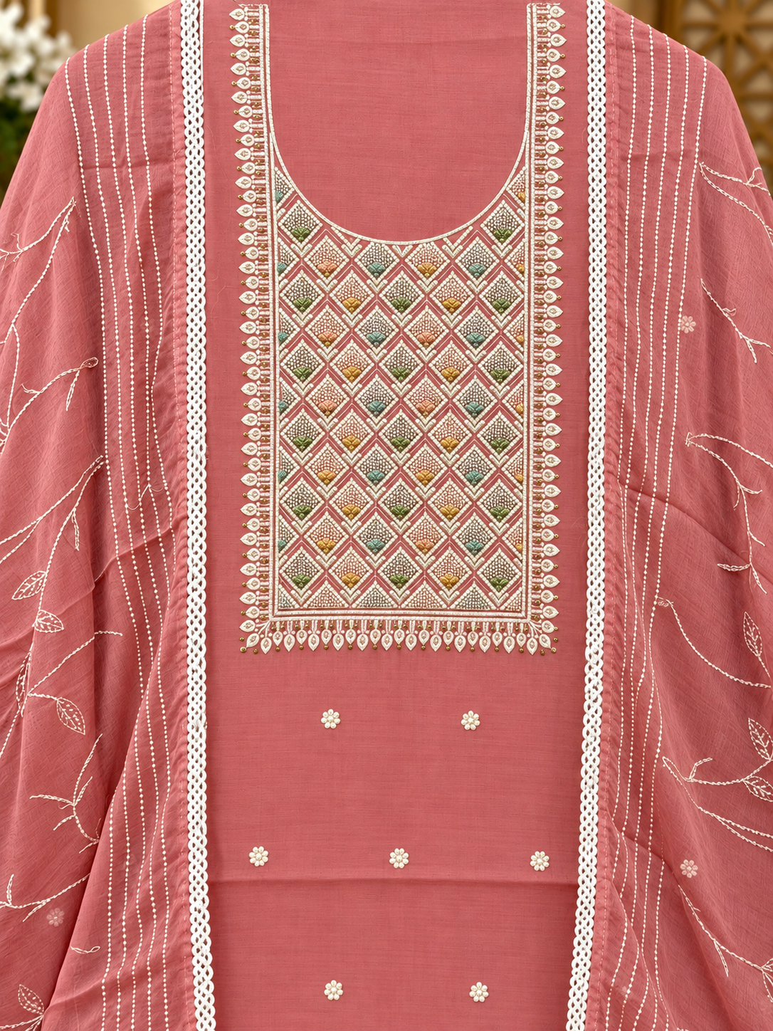 Pink Embroidered Cotton Suit Set with Chikankari-Style Work & Organza Dupatta