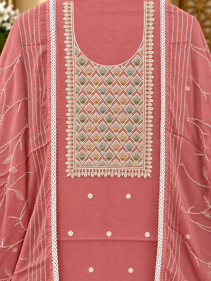 Pink Embroidered Cotton Suit Set with Chikankari-Style Work & Organza Dupatta