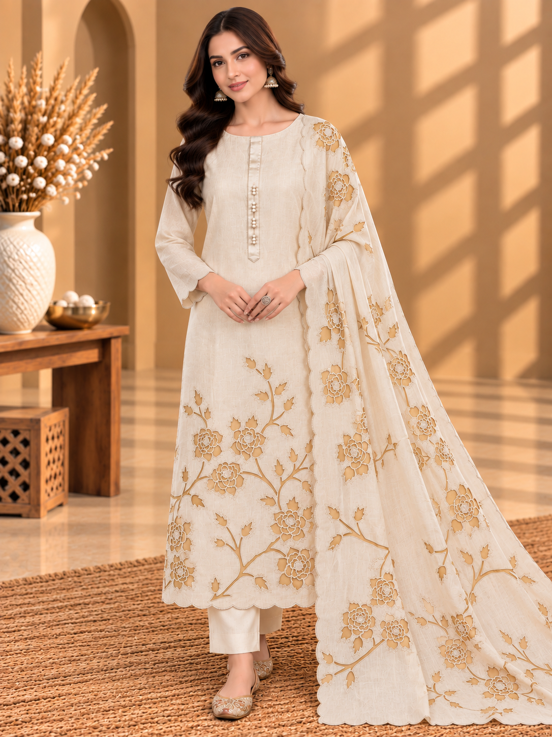 Ivory White Pure Mul Chanderi Designer Unstitched Suit with Floral Embroidery | Premium Ethnic Suit Set