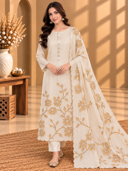 Ivory White Pure Mul Chanderi Designer Unstitched Suit with Floral Embroidery | Premium Ethnic Suit Set