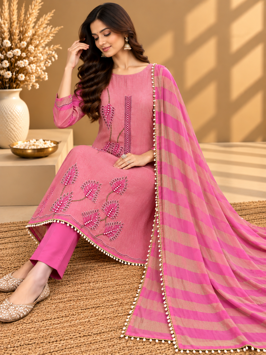 Pink Designer Unstitched Suit with Embroidered Floral Work & Striped Dupatta | Premium Ethnic Suit Set