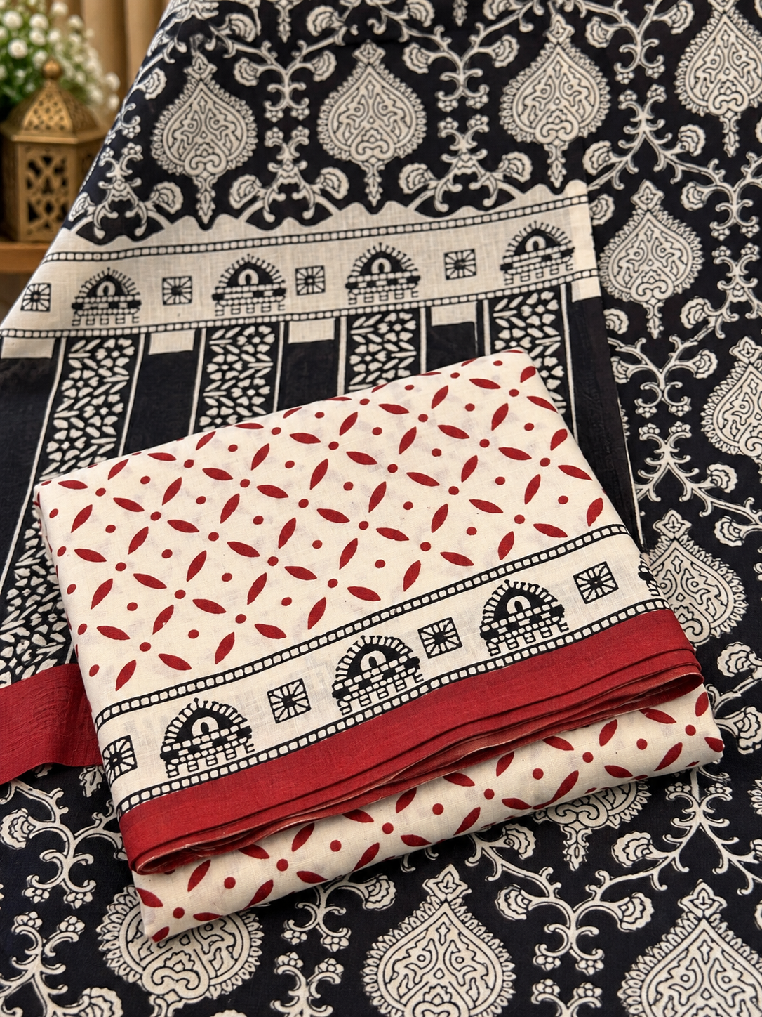 Black & White Printed Cotton Suit Set | Elegant Floral & Paisley Print Dress Material
