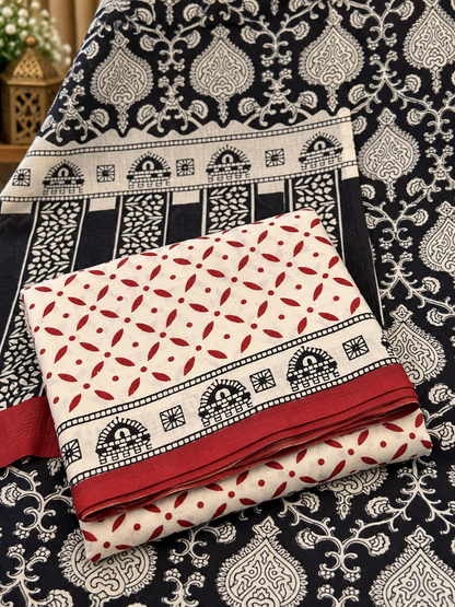 Black & White Printed Cotton Suit Set | Elegant Floral & Paisley Print Dress Material