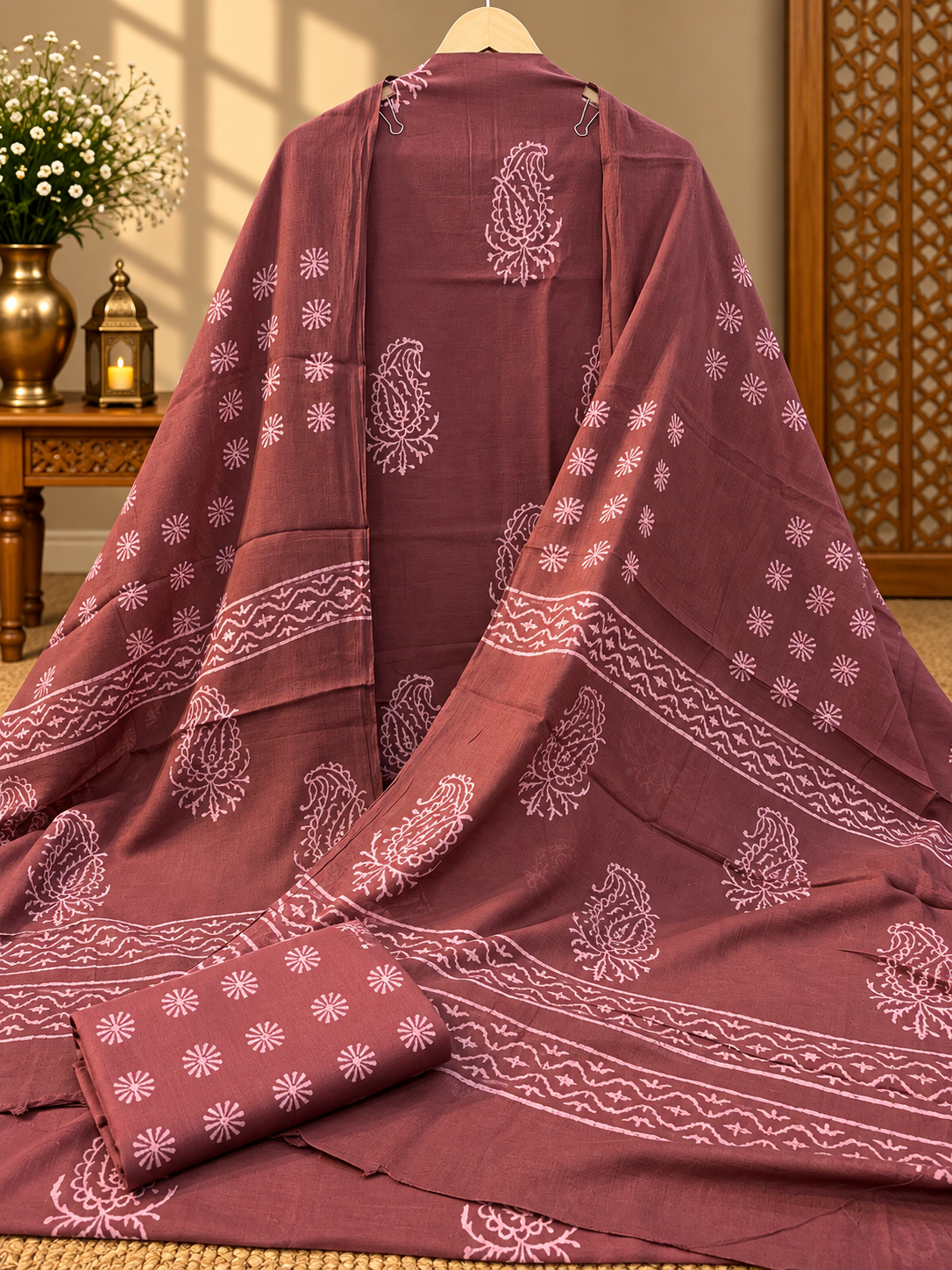 Mauve Brown Jaipuri Hand Block Printed Cotton Suit with Dupatta | Traditional Ethnic Wear