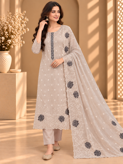 Ivory Jamdani Embroidered Suit | Floral Embroidery Designer Unstitched Suit for Women