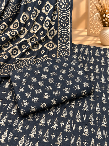 Navy Blue Cotton Printed Unstitched Suit | Traditional Block Print Designer Suit for Women