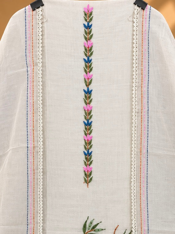 White Kota Doria Hand Painted Peacock Suit for Women | Designer Unstitched Suit