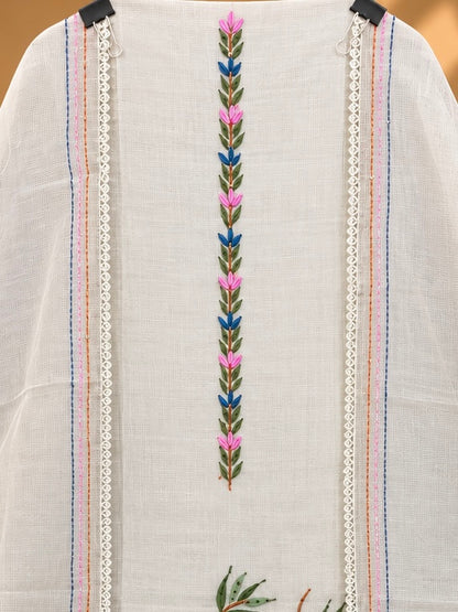 White Kota Doria Hand Painted Peacock Suit for Women | Designer Unstitched Suit