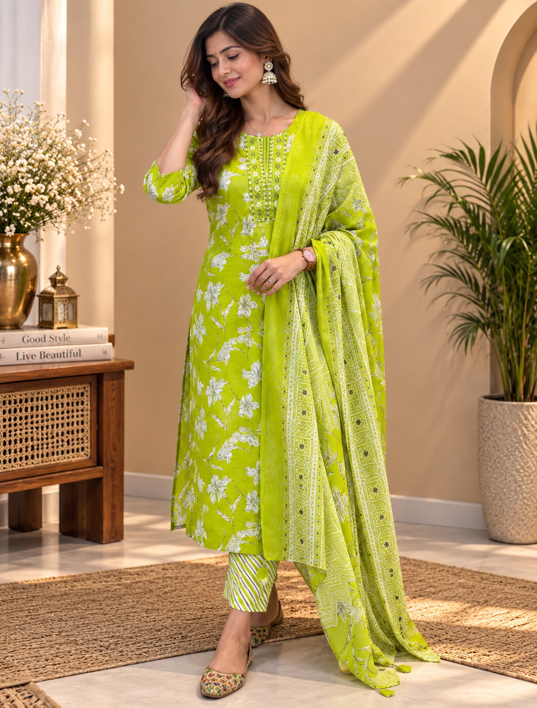 Green Readymade Cotton Suit Set for Women | Floral Printed Kurta with Dupatta