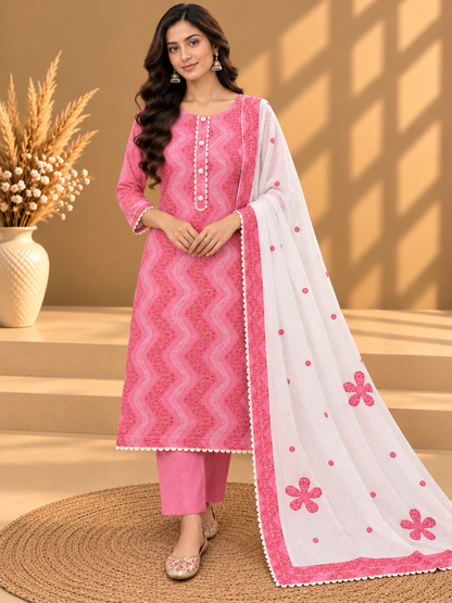 Pink & White Cotton Digital Printed Unstitched Suit with Designer Neckline & Dupatta | Premium Ethnic Suit Set