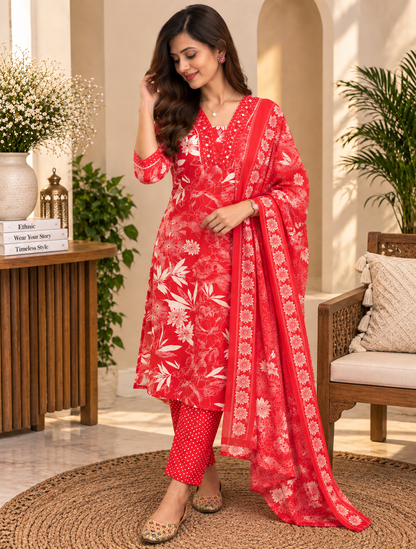 Red Readymade Cotton Suit Set for Women | Floral Printed Kurta with Dupatta