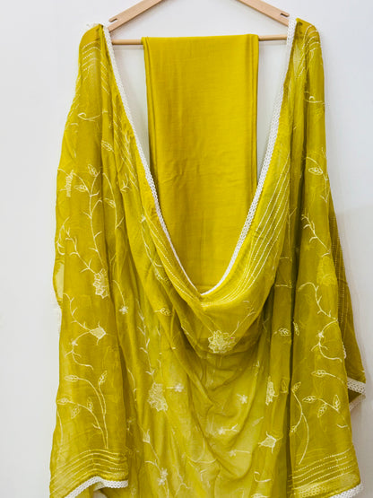 Beautiful thread work muslin suit with heavy Jaal work dupatta