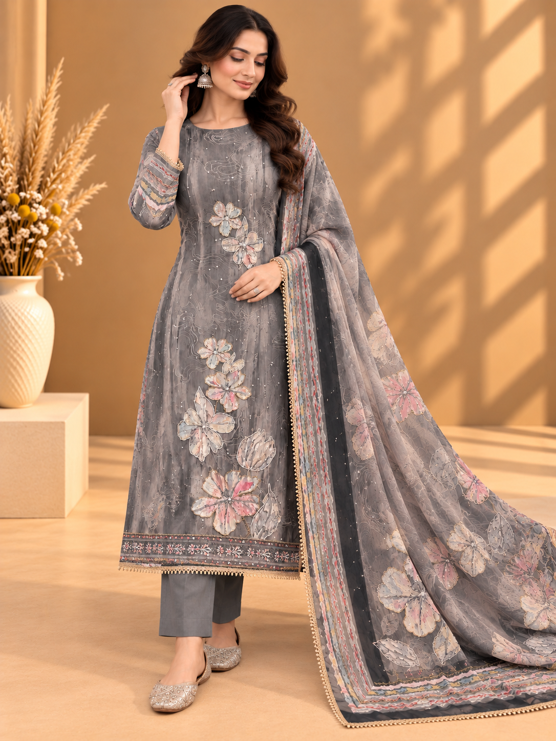 Premium Crepe Suit Fabric with Floral Embroidery & Designer Border | Bhagawati