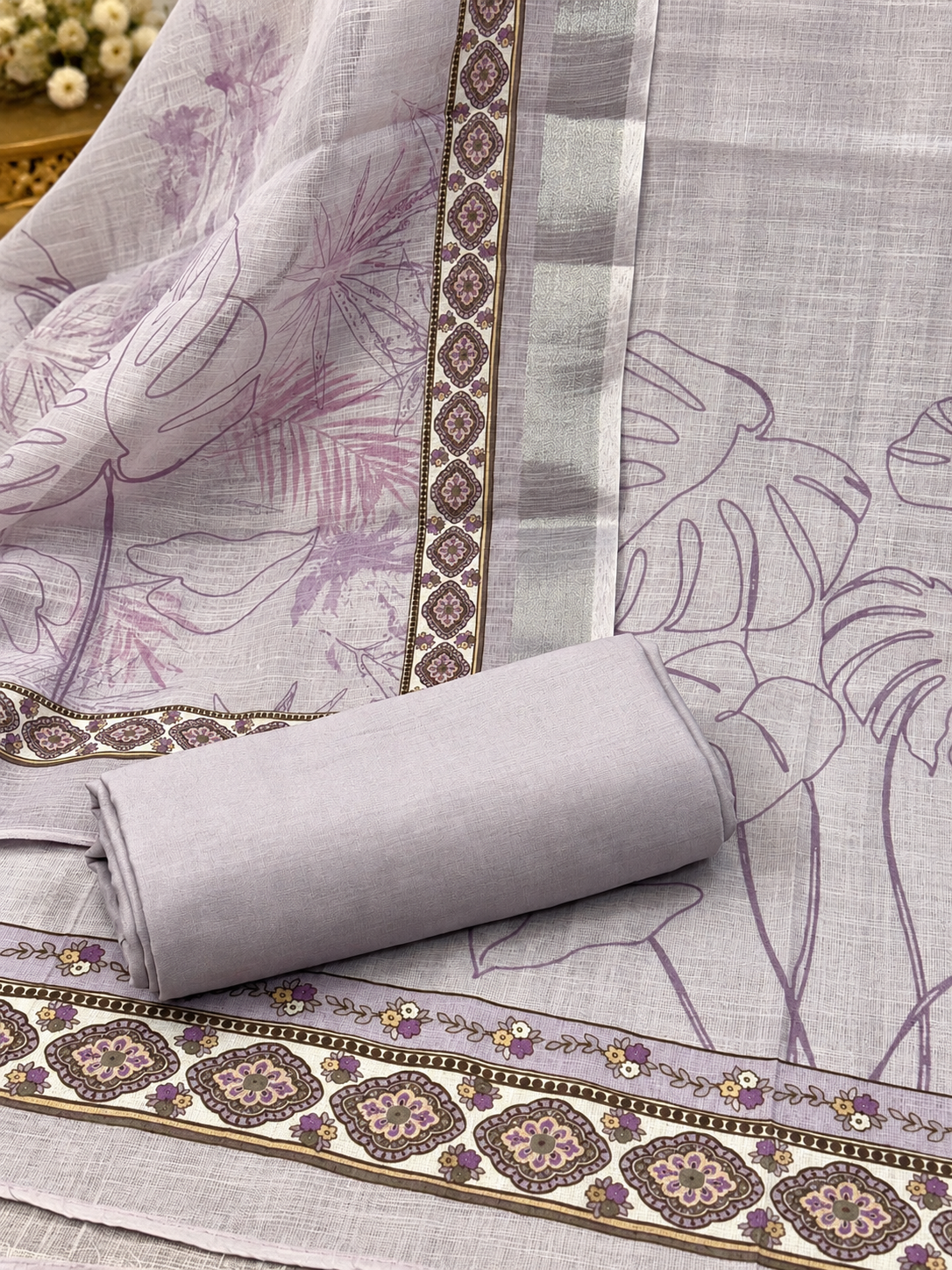 Lavender White Linen Printed Suit | Designer Linen Unstitched Suit with Floral Dupatta