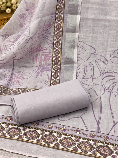 Lavender White Linen Printed Suit | Designer Linen Unstitched Suit with Floral Dupatta