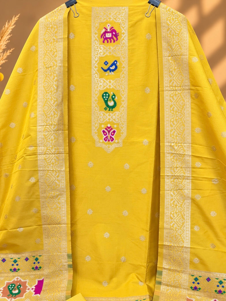 Yellow Satin Silk Unstitched Suit | Designer Ethnic Suit with Traditional Printed Dupatta