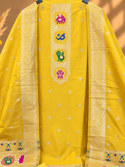 Yellow Satin Silk Unstitched Suit | Designer Ethnic Suit with Traditional Printed Dupatta