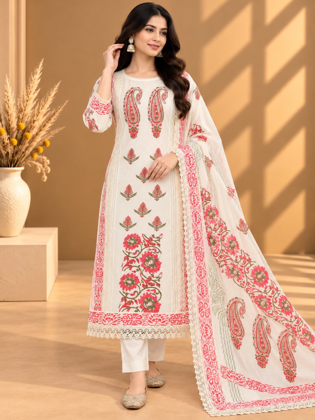 Block Print Linen Suit Set for Women | Hand Block Printed Floral & Peacock Design Unstitched Suit