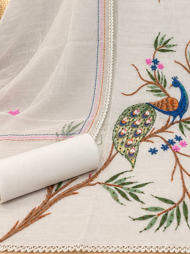 White Kota Doria Hand Painted Peacock Suit for Women | Designer Unstitched Suit