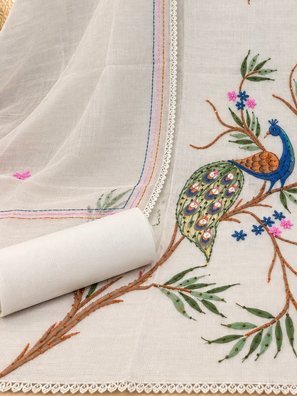 White Kota Doria Hand Painted Peacock Suit for Women | Designer Unstitched Suit