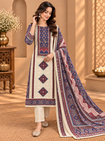 Premium Cotton Hakoba Suit with Ethnic Print, Designer Lace & Embroidered Detailing | Cotton Suit Set for Women