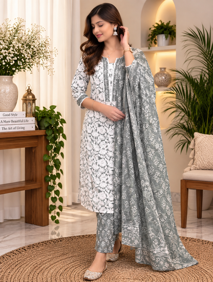 Grey Readymade Cotton Suit Set for Women | Floral Printed Kurta with Dupatta