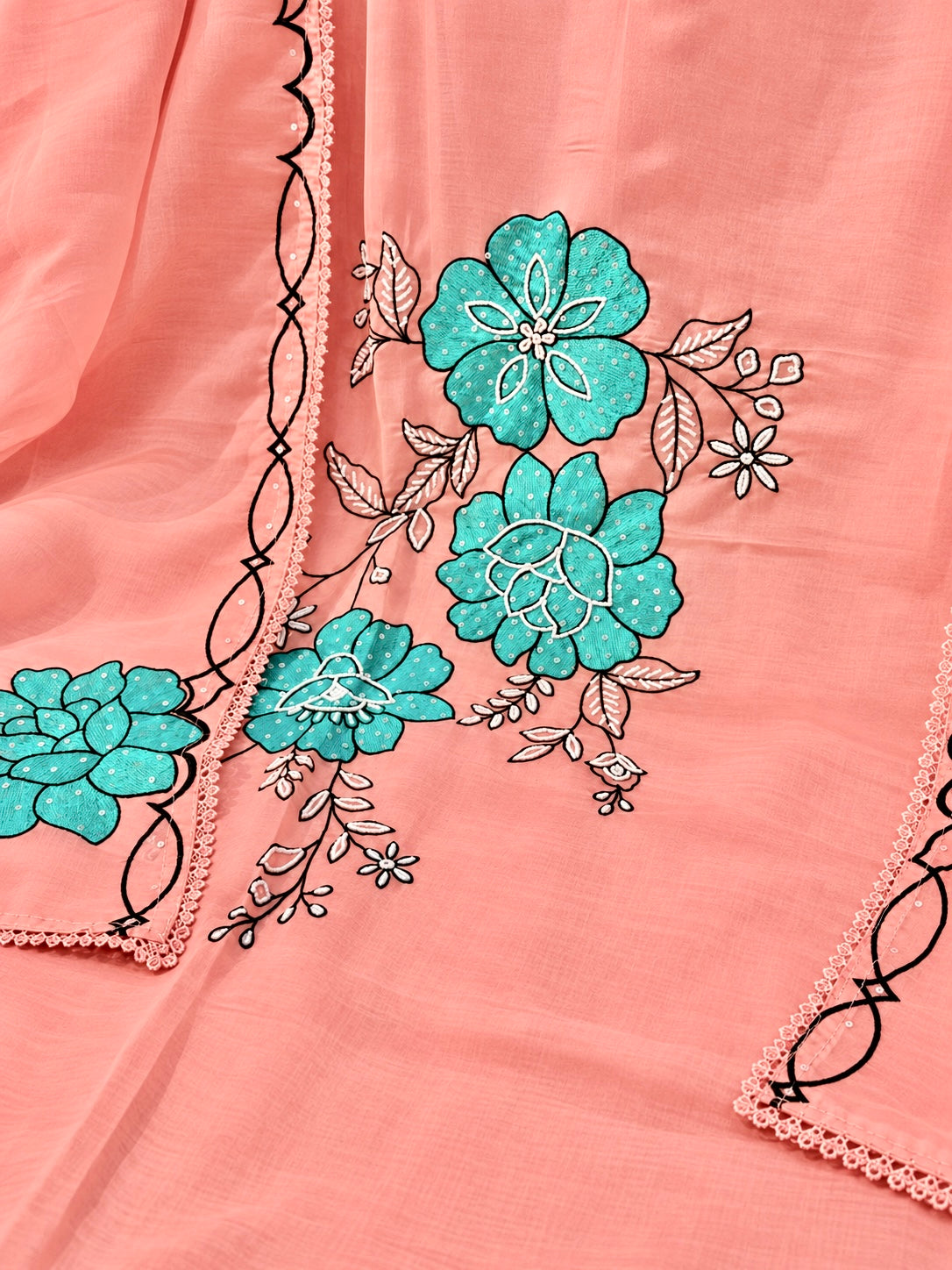 Peach Organza Silk Designer Unstitched Suit with Floral Embroidery & Dupatta | Premium Ethnic Suit Set
