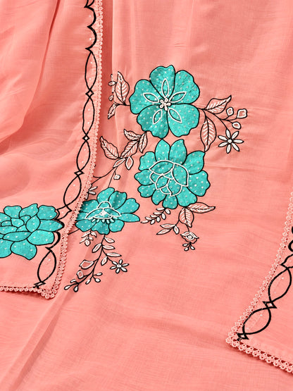 Peach Organza Silk Designer Unstitched Suit with Floral Embroidery & Dupatta | Premium Ethnic Suit Set
