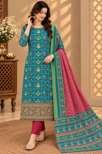Premium Silk Blend Printed Suit Set with Designer Dupatta | Teal & Maroon Ethnic Suit for Women