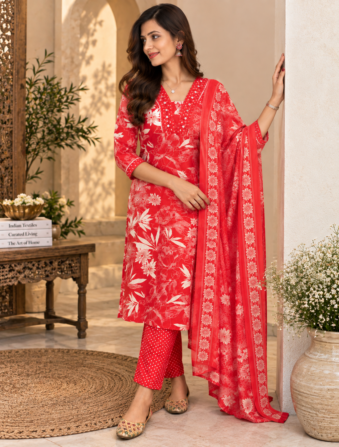 Red Readymade Cotton Suit Set for Women | Floral Printed Kurta with Dupatta