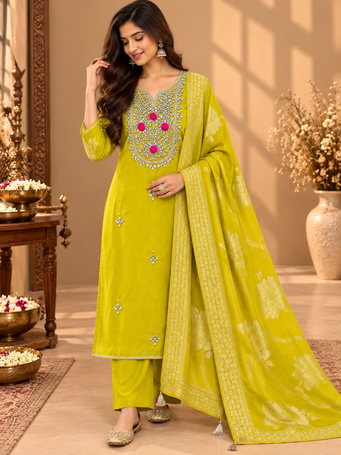 Lime Yellow Designer Unstitched Suit with Mirror Work & Floral Dupatta | Premium Ethnic Suit Set
