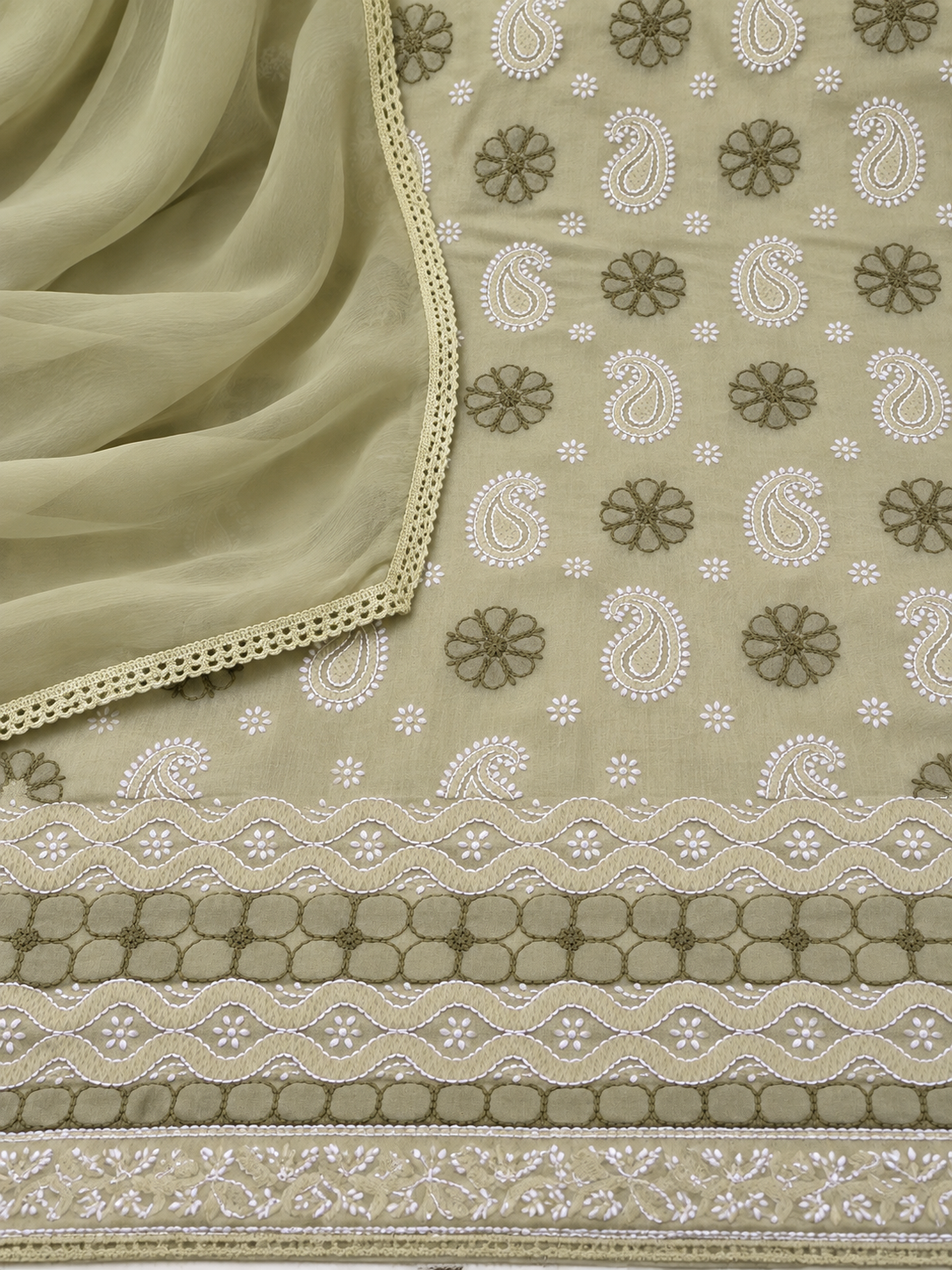 Pastel Green Lucknowi Chikankari Cotton Suit with Pure Chiffon Dupatta | Embroidered Unstitched Suit Set