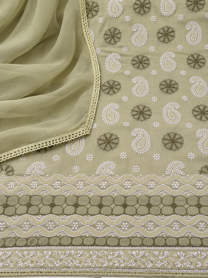 Pastel Green Lucknowi Chikankari Cotton Suit with Pure Chiffon Dupatta | Embroidered Unstitched Suit Set