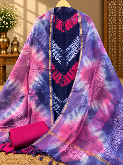 Navy Blue Shibori Print Suit with Kota Doria Dupatta | Handcrafted Ethnic Suit Set