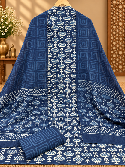 Premium Indigo Hand Block Printed Cotton Suit Set | Traditional Blue & White Floral Print Suit for Women