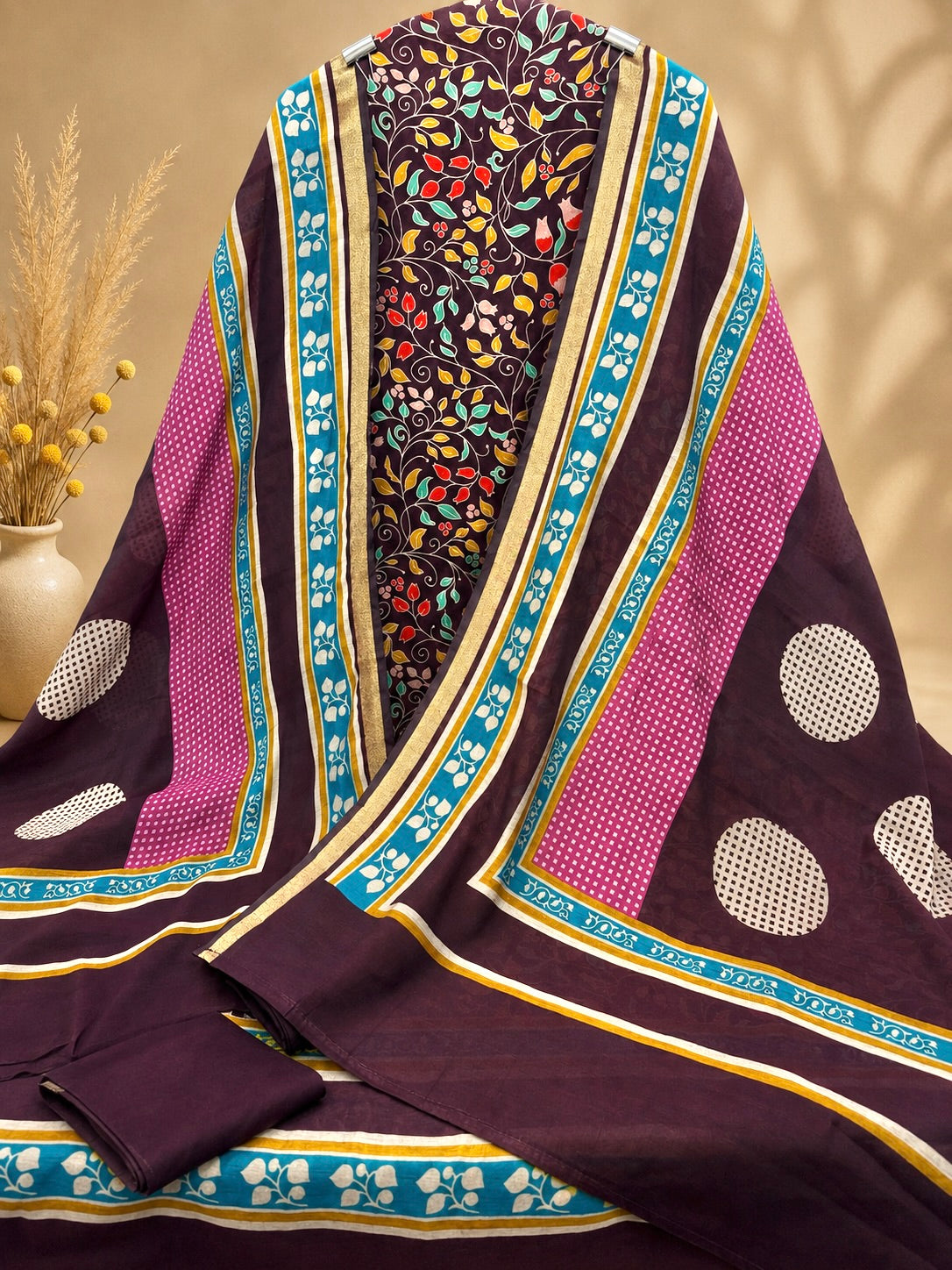 Premium Maheshwari Silk Suit with Multicolour Floral Print & Designer Border | Elegant Ethnic Wear for Women