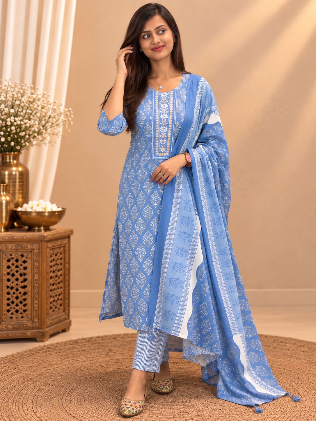 Blue Readymade Cotton Suit Set for Women | Printed Kurta Pant with Dupatta