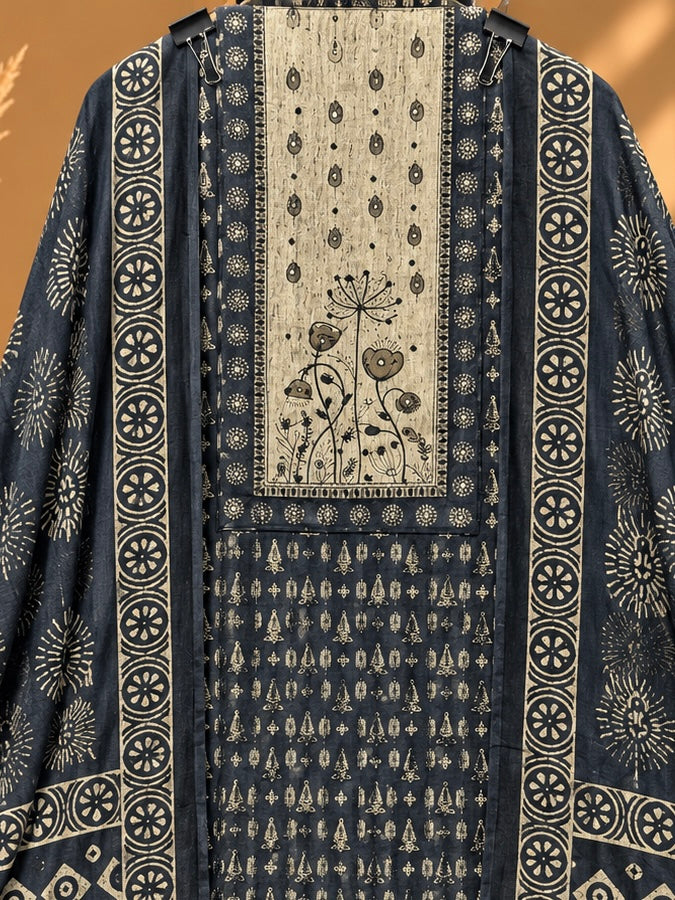 Navy Blue Cotton Printed Unstitched Suit | Traditional Block Print Designer Suit for Women