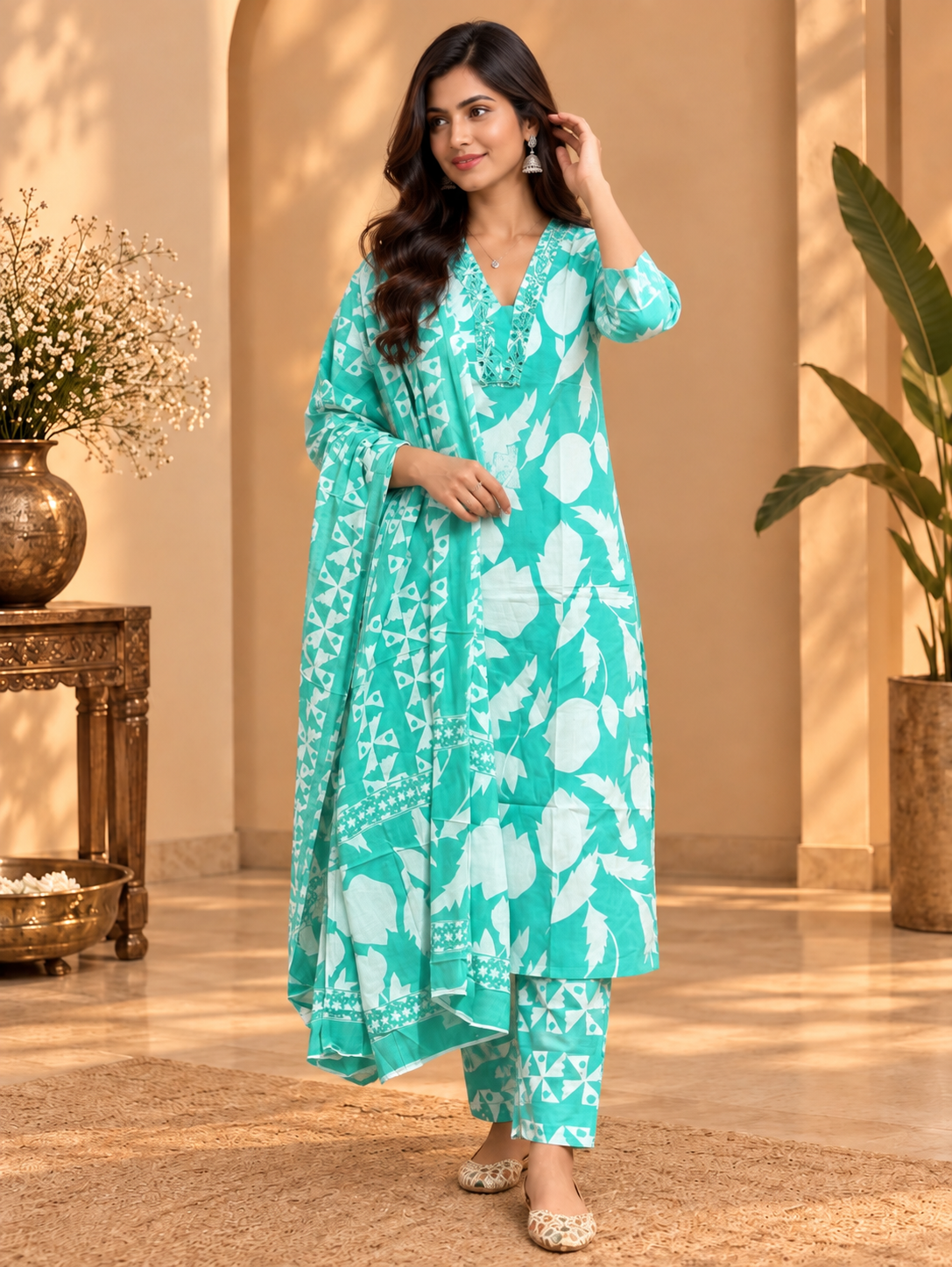 Turquoise Printed Readymade Cotton Suit Set for Women | Floral Kurta with Dupatta