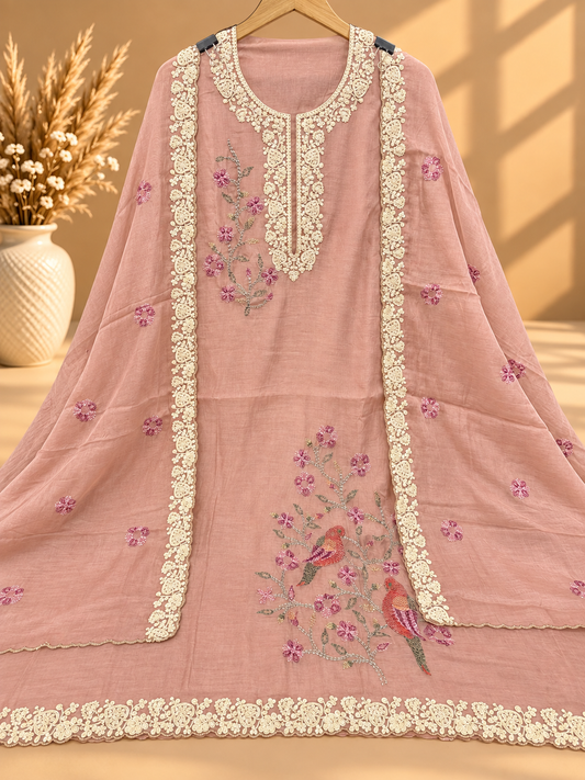 Peach Pure Mul Chanderi Designer Unstitched Suit with Floral Embroidery & Bird Motifs | Premium Ethnic Suit Set