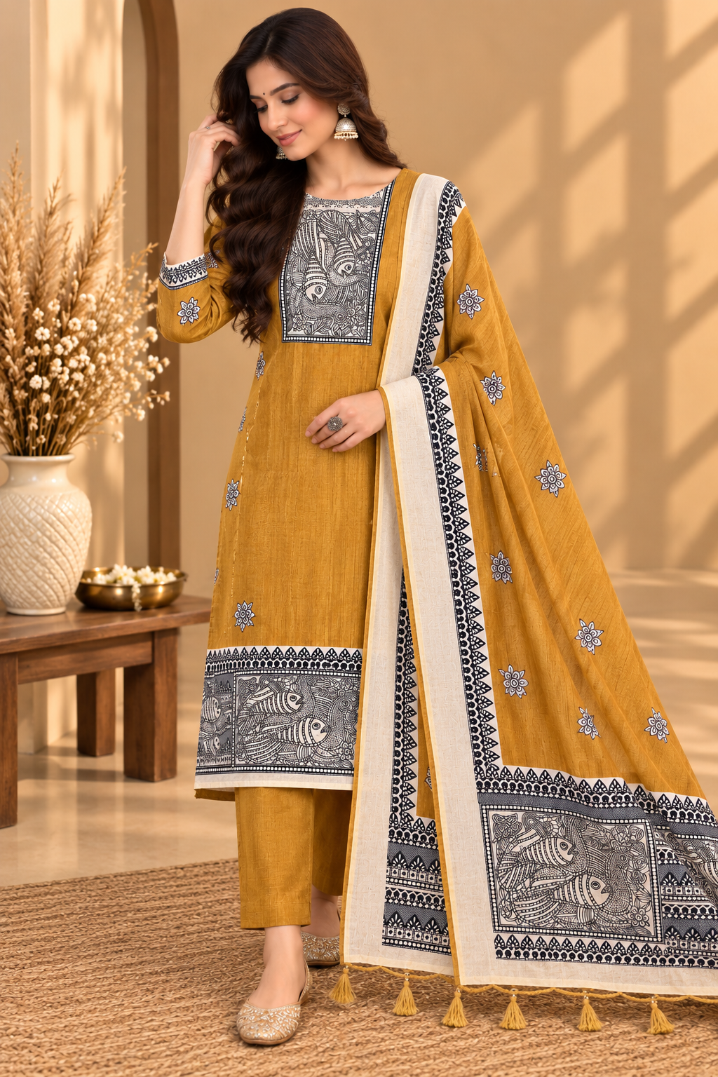 Mustard Silk Digital Printed Unstitched Suit with Madhubani Art Dupatta | Designer Ethnic Suit